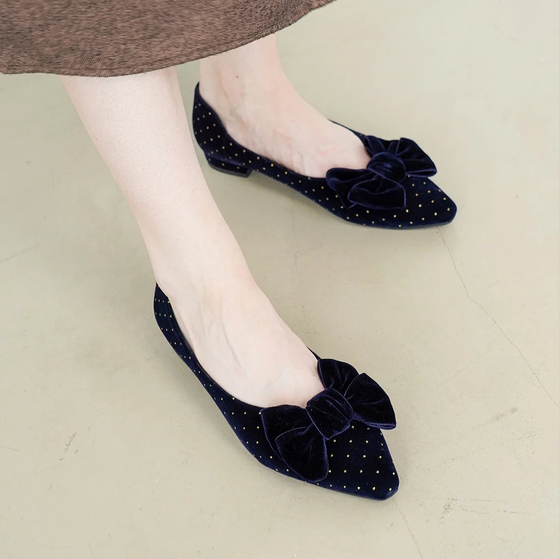 日本製 Launa Lea 絲絨蝴蝶結平底鞋 (460C)(深藍色 Z / Navy Z)