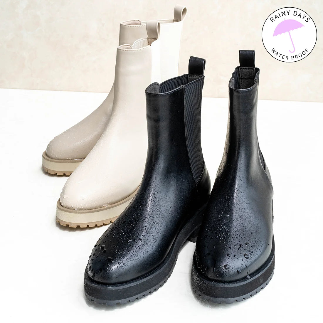 日本製 Launa Lea 側邊彈力厚底雨靴短靴 (R9018)(黑色/Black)