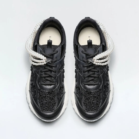 日本潮牌Lucida五周年限定版真皮 Nihal LD-166 BLK 黑色可拆珍珠花朵運動鞋