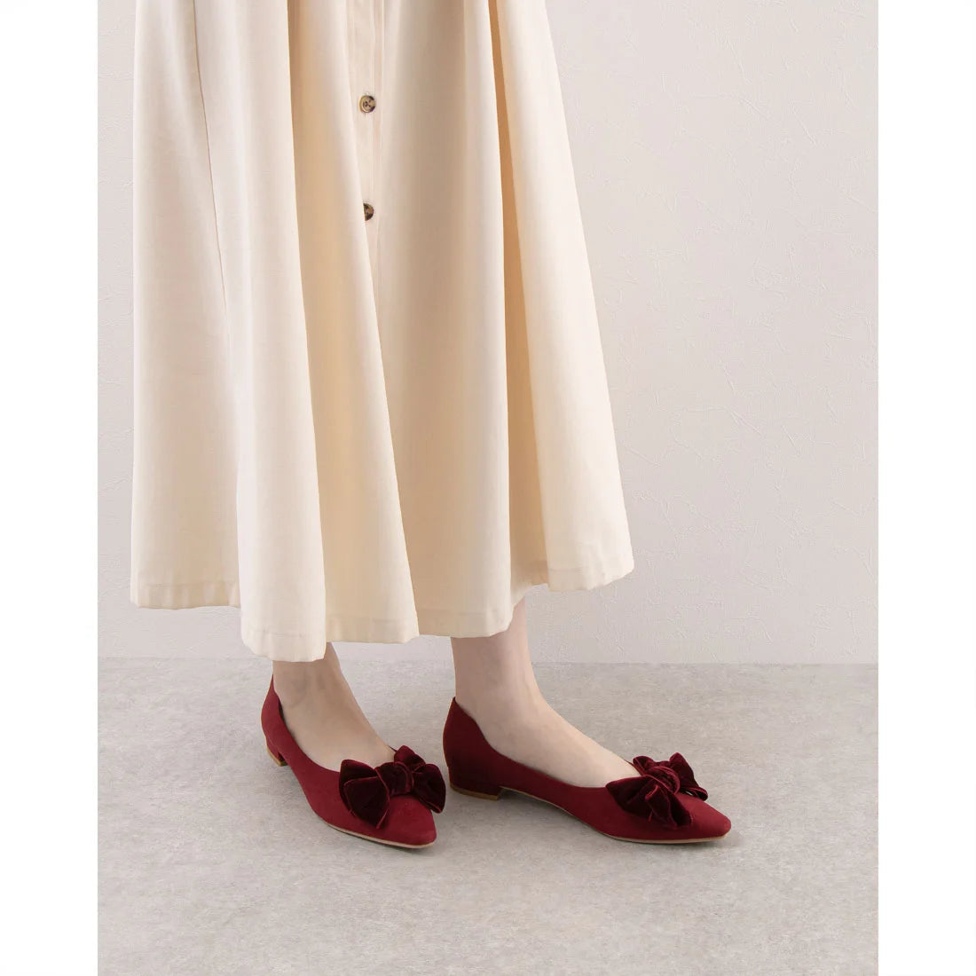 日本製 Launa Lea 絲絨蝴蝶結平底鞋 (460C)(紅色 S / Red S)