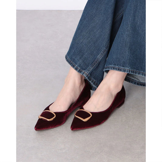 【新品預訂】日本製 Lauf Oletta 絨毛尖頭金扣平底鞋 (LH127 BORDEAUX-Z) (酒紅色)