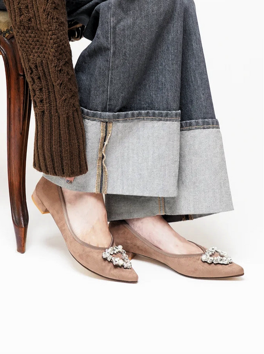 【新品預訂】日本製 Lauf Oletta 三角珍珠水晶尖頭平底鞋(LH121 GREIGE-S) (灰啡色)