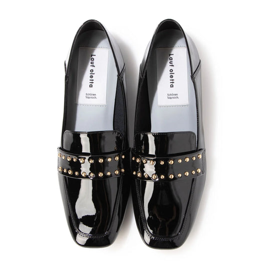 【新品預訂】日本製 Lauf Oletta 防水鉚釘方頭踩跟樂福鞋 (LRH122 Black-E) (亮面黑色)