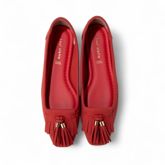 【新品預訂】日本製 Lauf Oletta 鑲邊流蘇設計的氣質平底鞋(LH120 Red-S) (紅色)