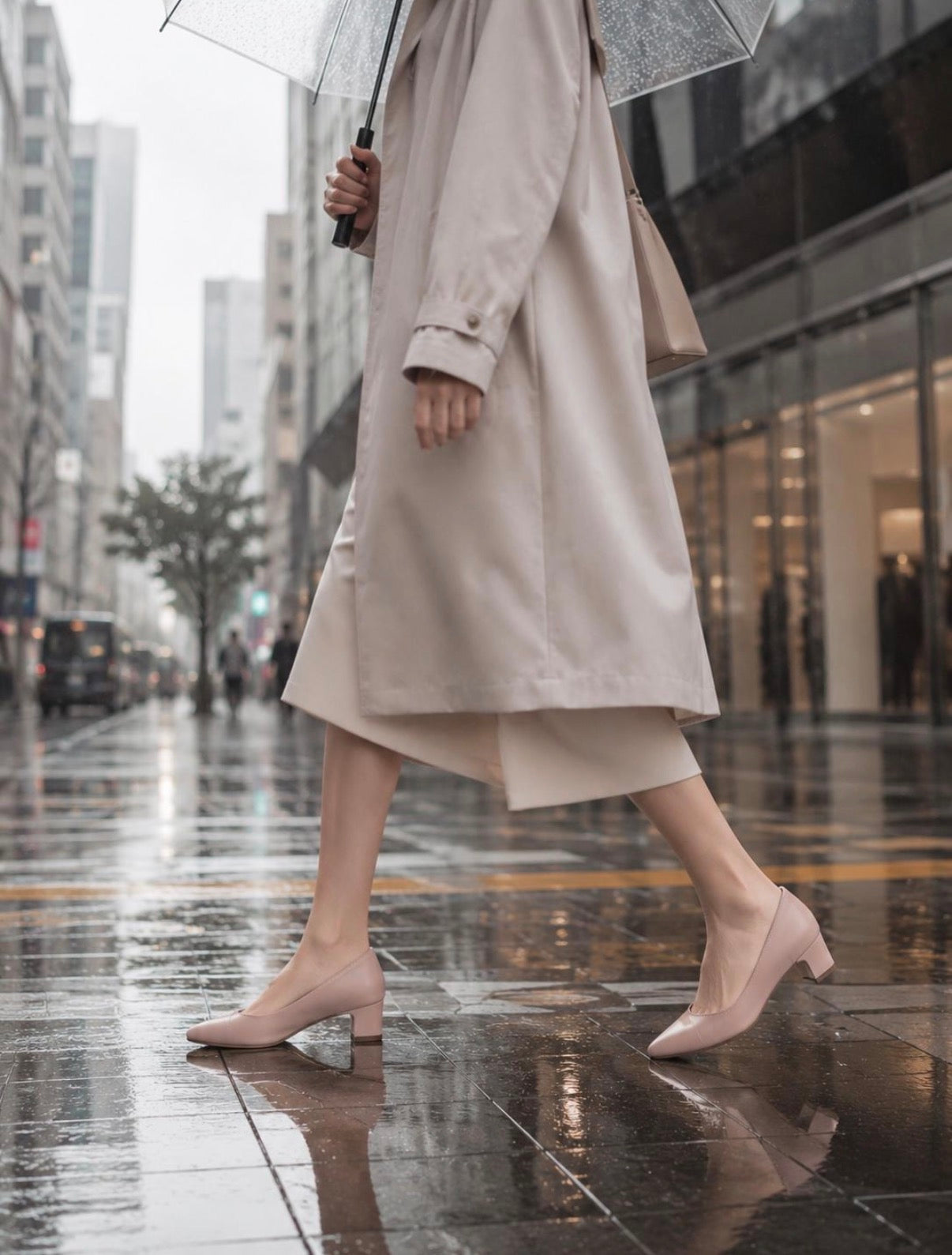 【香港限定】日本製 Launa lea 晴雨兩用 尖頭5cm粗跟高跟鞋 (RH9486)(粉杏色 / pink beige )