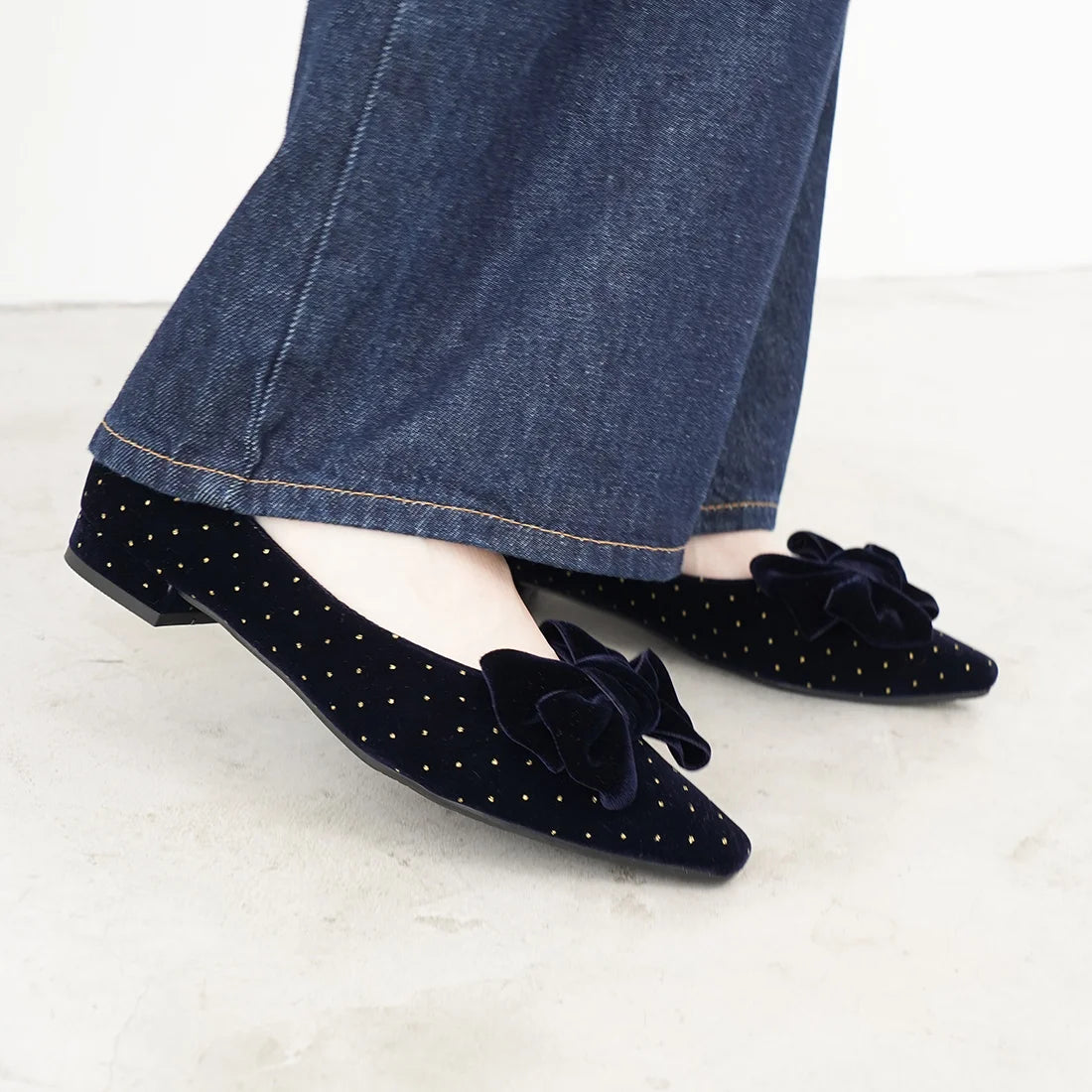 日本製 Launa Lea 絲絨蝴蝶結平底鞋 (460C)(深藍色 Z / Navy Z)