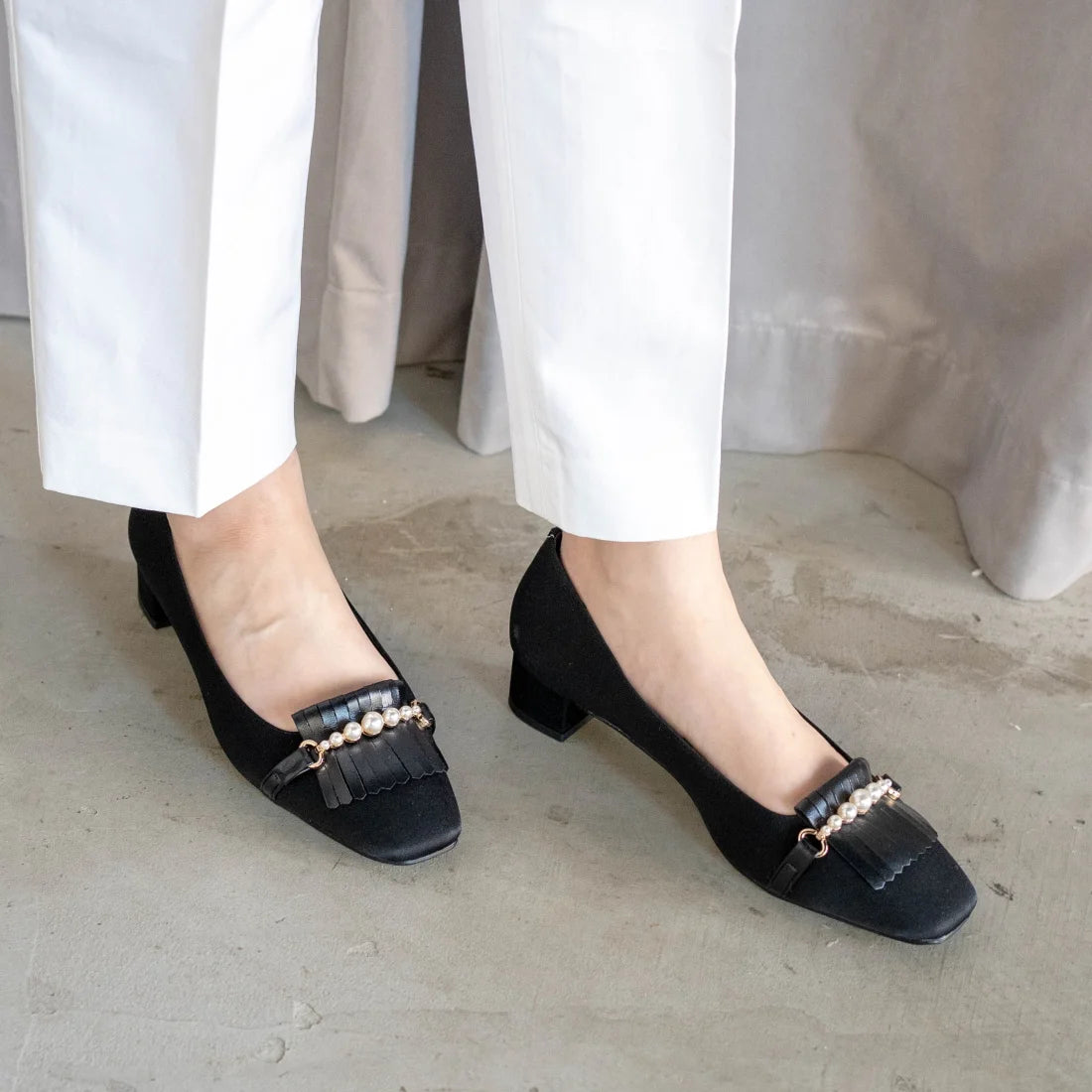 日本製 Launa lea 方頭珍珠流蘇低跟鞋 (0503) Black Z