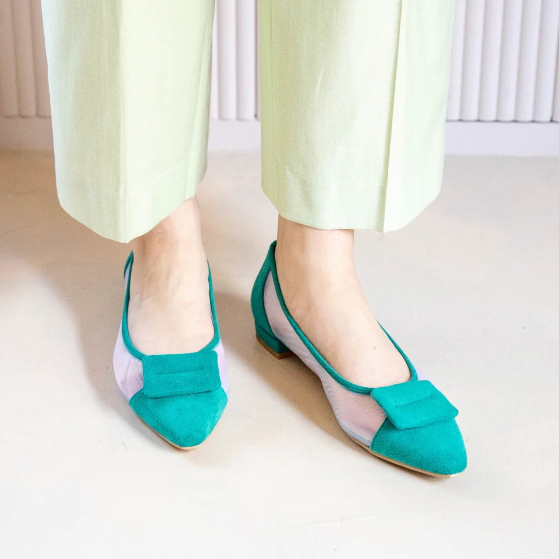 日本製 Launa Lea 輕紗立體方扣尖頭鞋 (0505) Green S