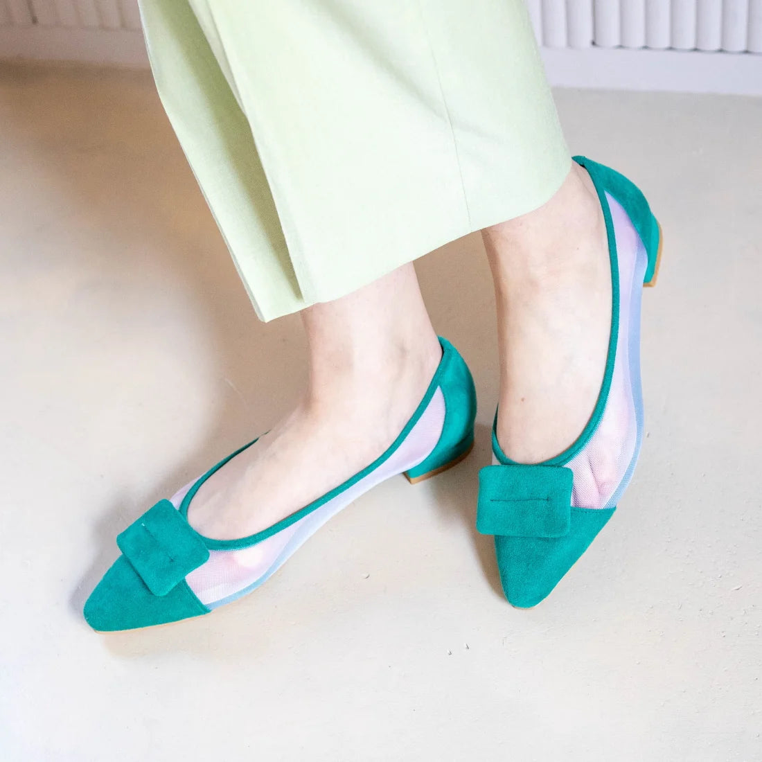 日本製 Launa Lea 輕紗立體方扣尖頭鞋 (0505) Green S