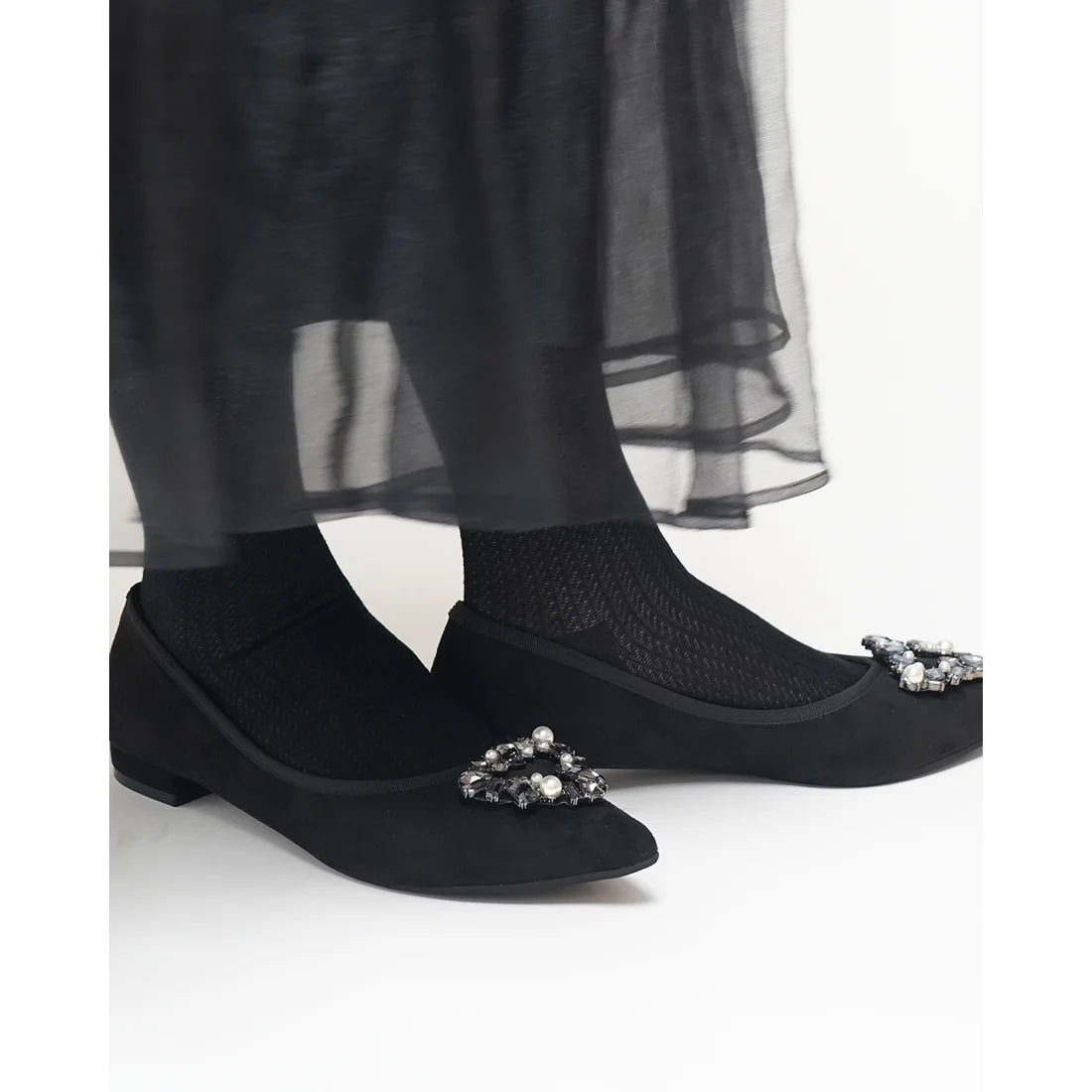 【新品預訂】日本製 Lauf Oletta 三角珍珠水晶尖頭平底鞋(LH121 BLACK-S) (黑色)