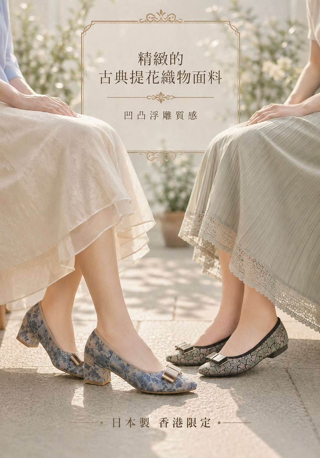 【香港限定】日本製 Launa lea 立體復古提花羅緞蝴蝶3.5cm粗跟鞋 (RH9603A)(淺藍色 / L Blue )