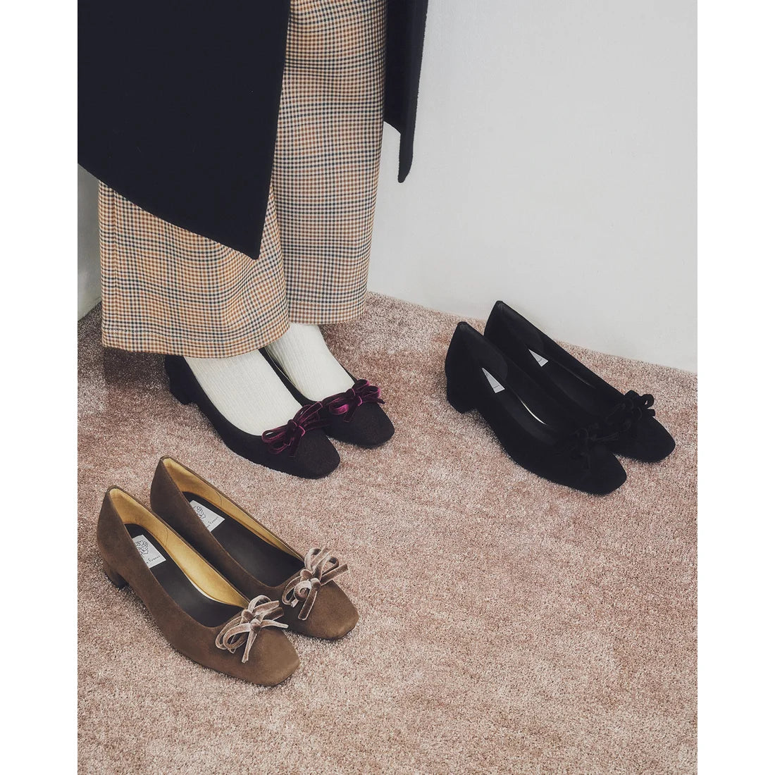 【新品】日本製Emma Francis 蝴蝶結3cm方頭高踭鞋(葡萄酒 絨面革)(3004a-S 138) Wine