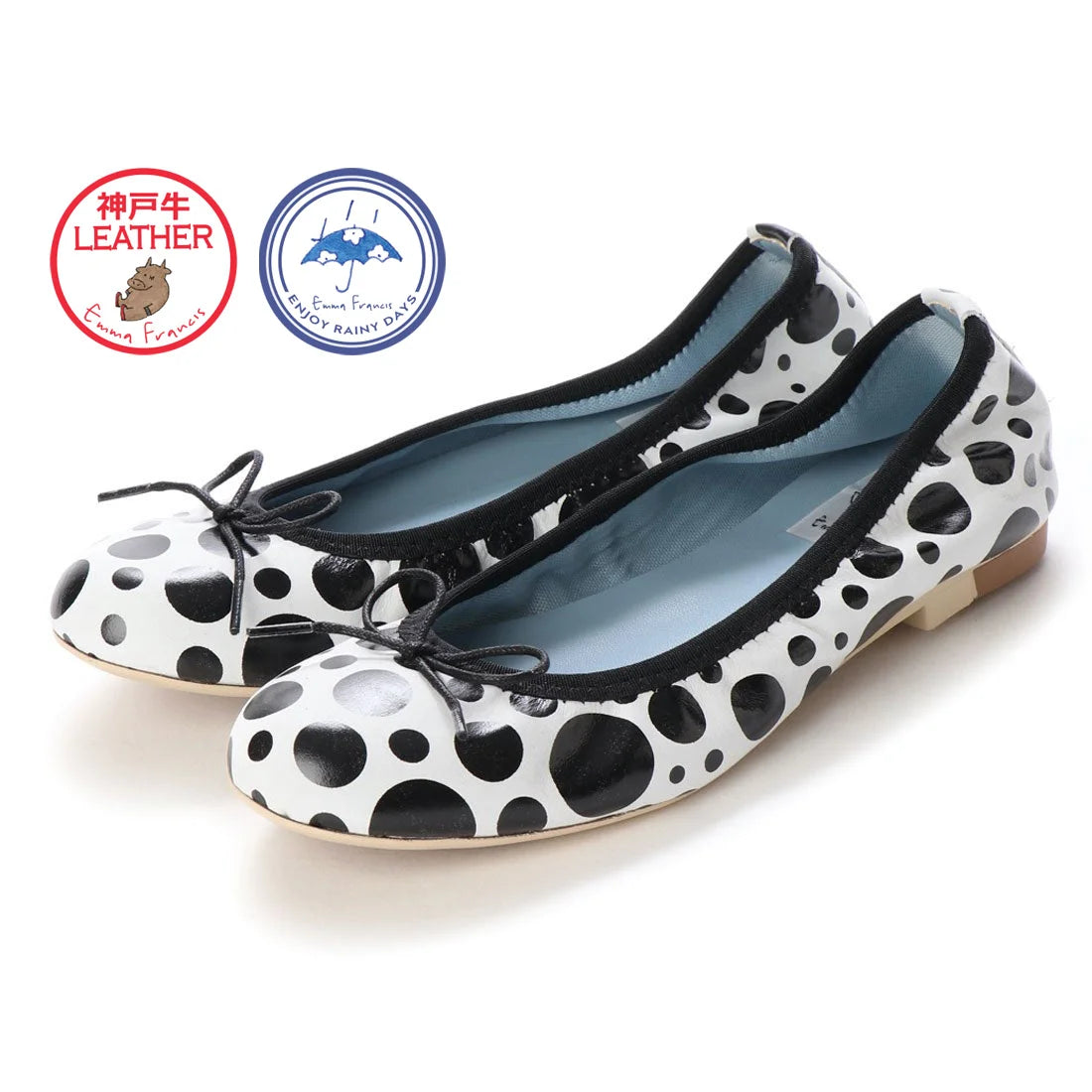 日本製 Emma Francis 神戶牛真皮圓頭平底芭蕾晴雨鞋 (EFx02p KS501)(Dot Pattern White)(ドット柄 ホワイト)