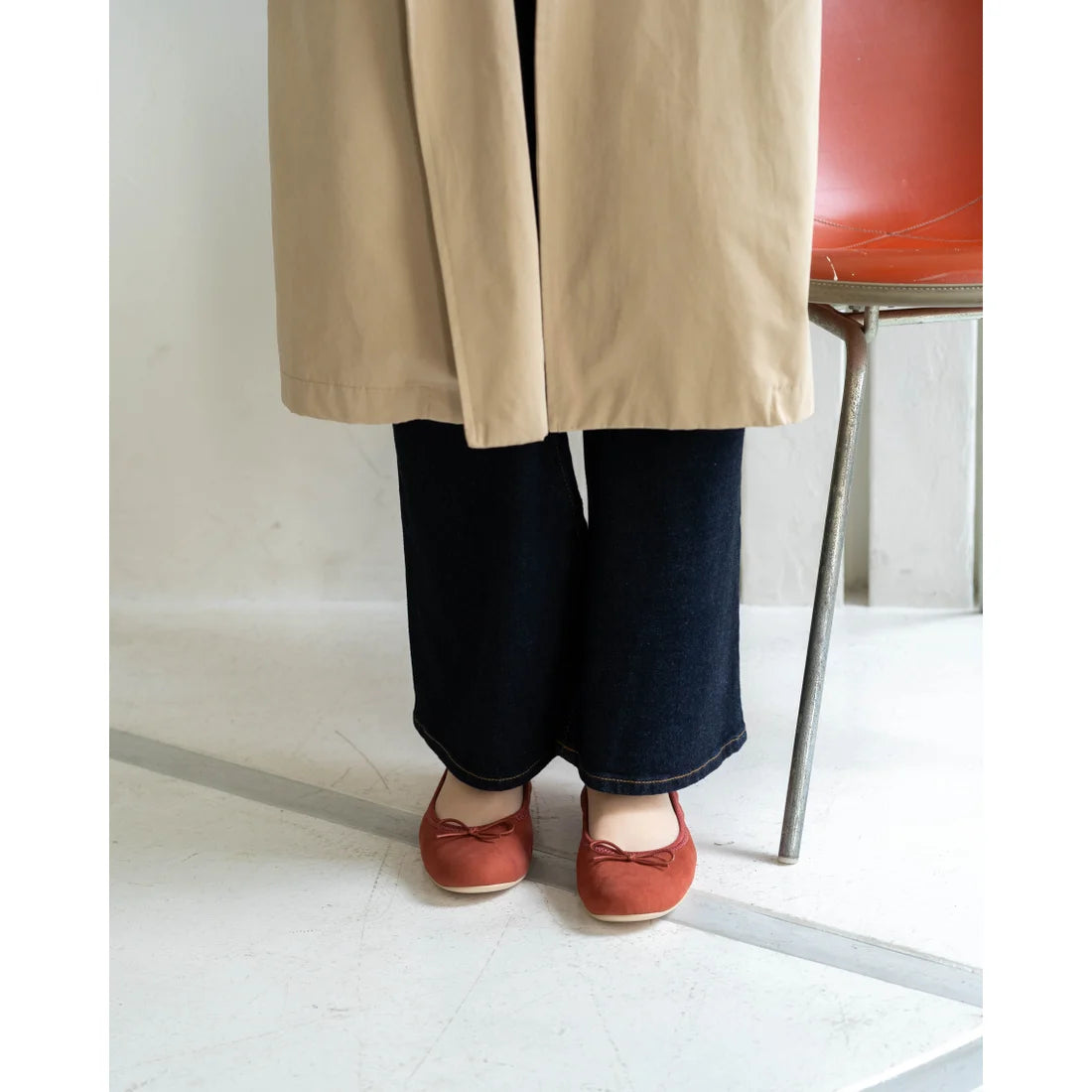 日本製【珍珠色調防水】Emma Francis 真皮 圓頭平底芭蕾舞鞋(02b-L S129)(orange leather suede)(オレンジ レザースエード)