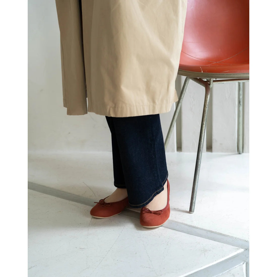 日本製【珍珠色調防水】Emma Francis 真皮 圓頭平底芭蕾舞鞋(02b-L S129)(orange leather suede)(オレンジ レザースエード)