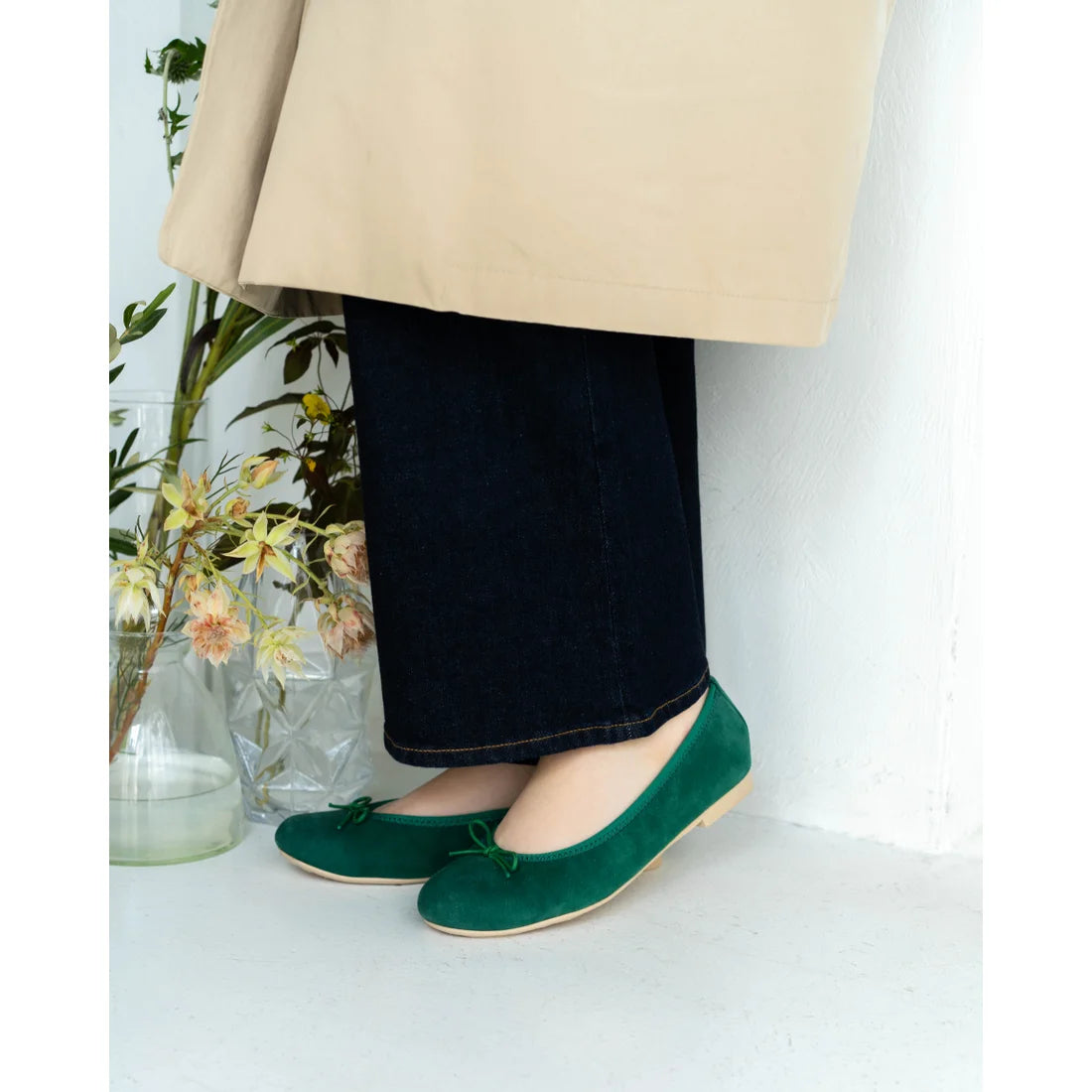 日本製【珍珠色調防水】Emma Francis 真皮 圓頭平底芭蕾舞鞋(02b-L S111)(Green leather suede)(グリーン レザースエード)