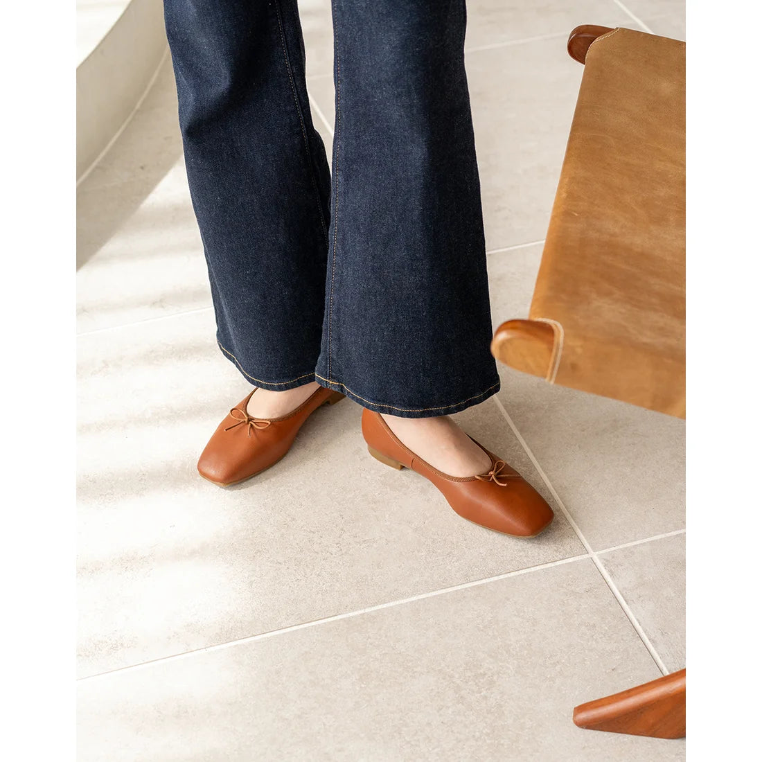 日本製【蘋果皮】【防水】 Emma Francis方頭平底芭蕾舞鞋(03b-AP 186)(Camel Apple Leather Smooth)(キャメル アップルレザースムース)