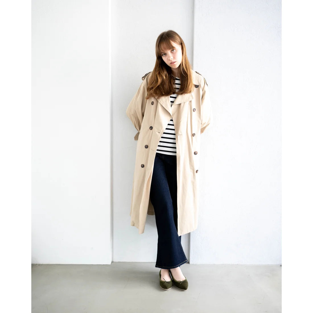 日本製【珍珠色調防水】Emma Francis尖頭平底芭蕾舞鞋 (01b-L S147) (Khaki leather suede)(カーキ レザースエード)