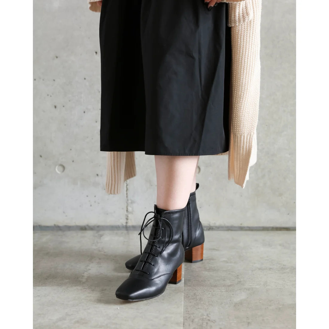 日本製Emma Francis 繫帶疊跟靴(黑色滑順)(9005-P 101)(black smooth)(ブラック スムース)