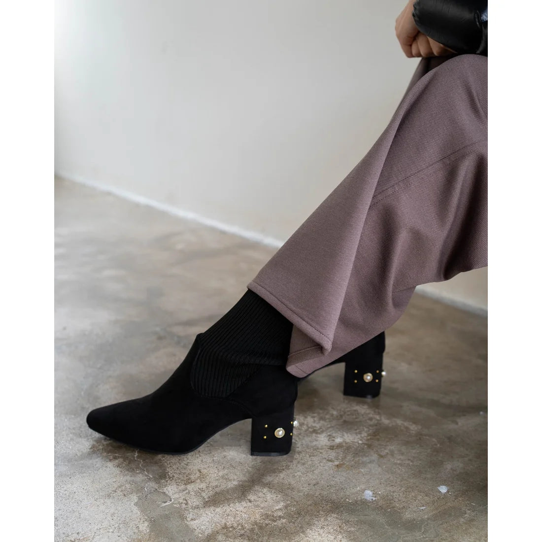 日本製Emma Francis 珍珠跟針織靴(黑色絨面革)(9006-S 101)(black suede)(ブラック スエード)