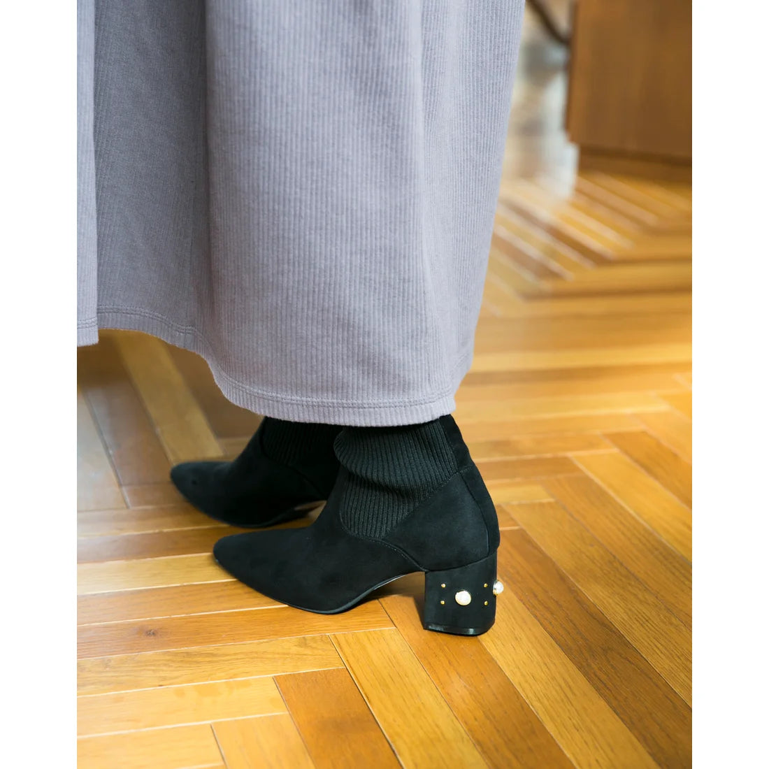 日本製Emma Francis 珍珠跟針織靴(黑色絨面革)(9006-S 101)(black suede)(ブラック スエード)
