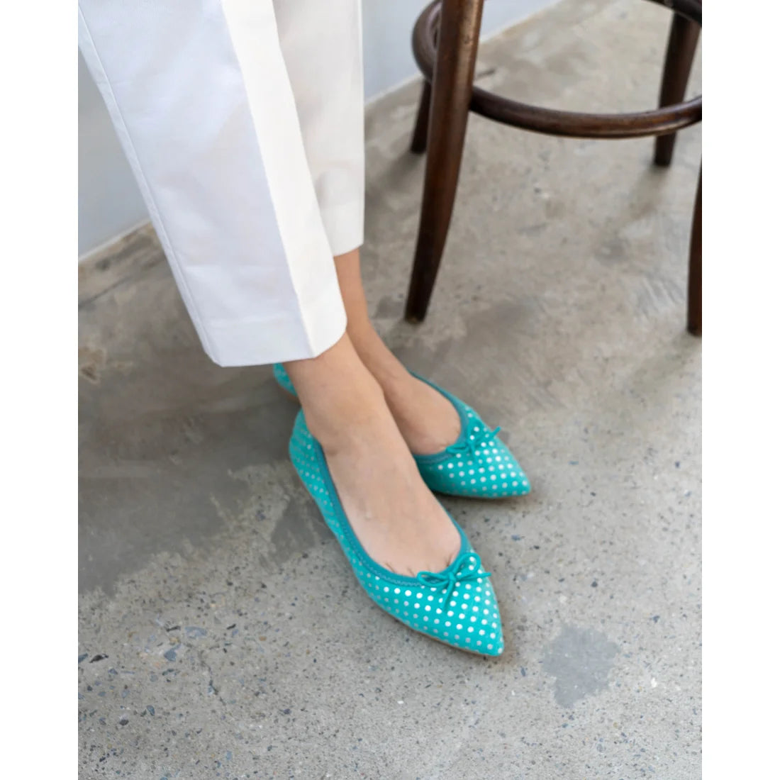 日本製【珍珠色調防水】Emma Francis平底芭蕾舞鞋 (01b-L S341) (green polka dot leather suede)(グリーン ドット柄 レザースエード)