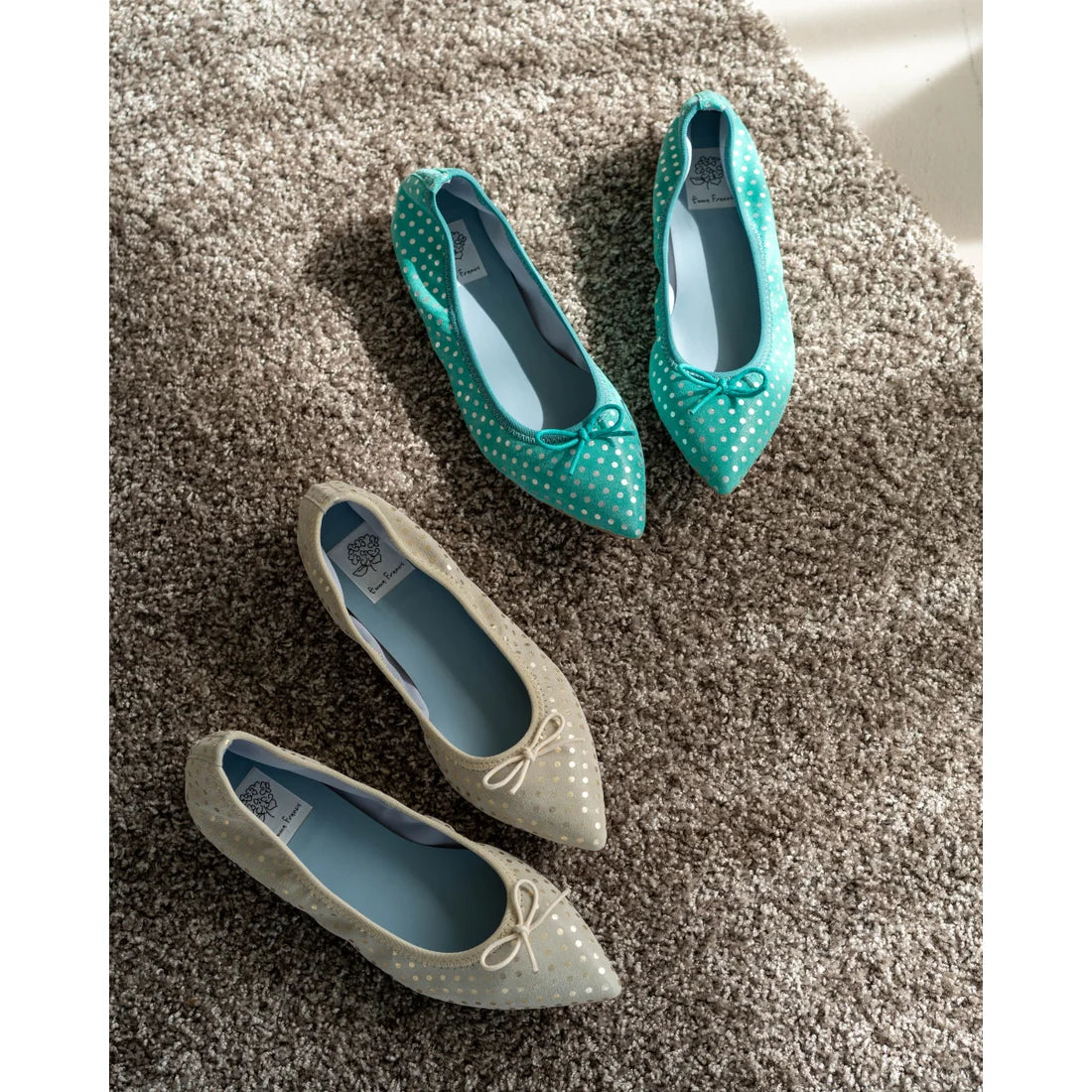 日本製【珍珠色調防水】Emma Francis平底芭蕾舞鞋 (01b-L S341) (green polka dot leather suede)(グリーン ドット柄 レザースエード)