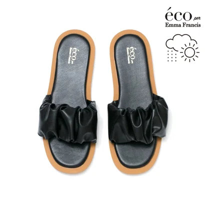 日本製【蘋果皮】【防水】Emma Francis 褶皺厚軟墊鞋墊平底涼鞋 ( 1032a-AP 101 )(Black apple leather)(ブラック アップルレザー)