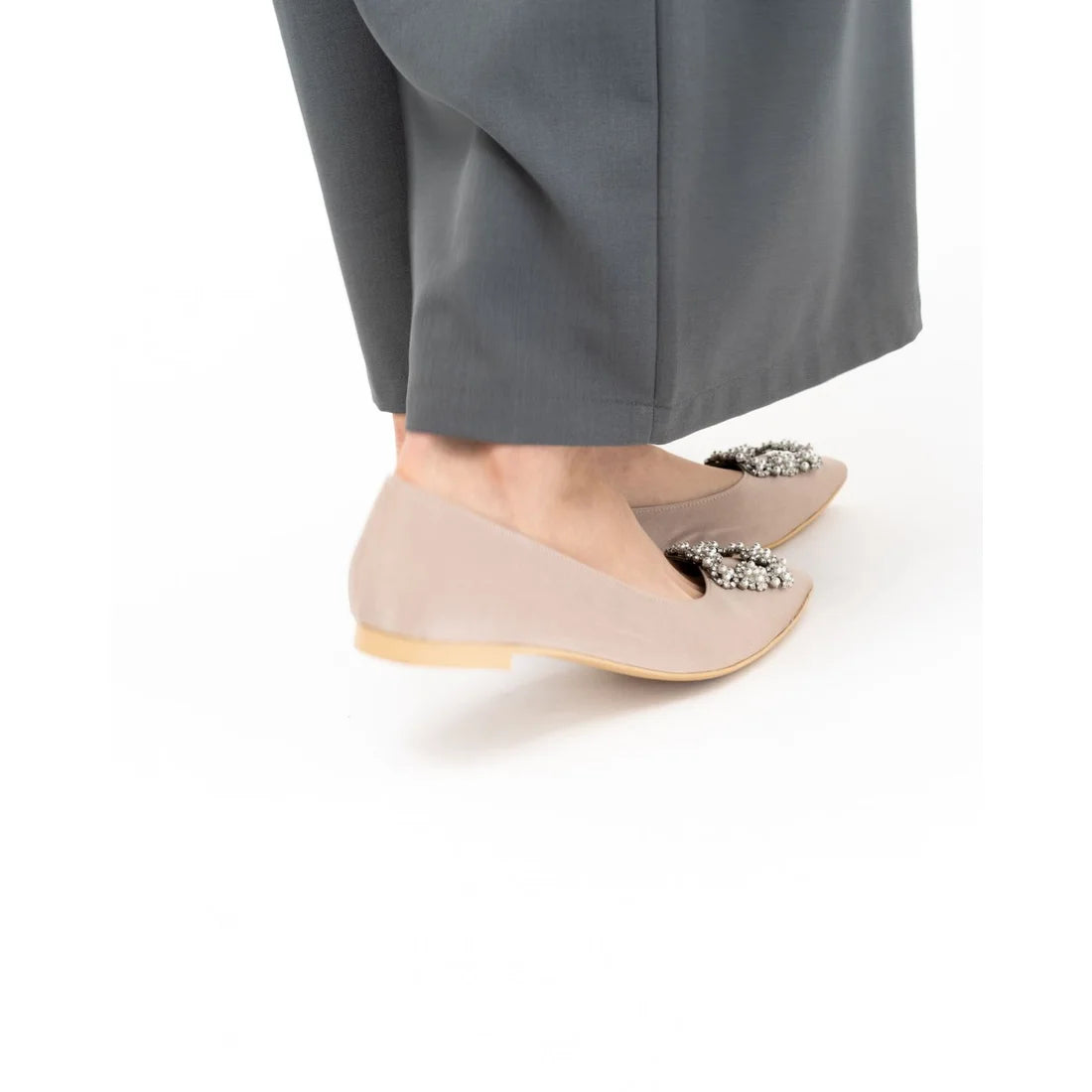 日本製 Emma Francis 平底珠寶搭扣高跟鞋(01t-ST 108)(Beige satin)(ベージュ サテン)