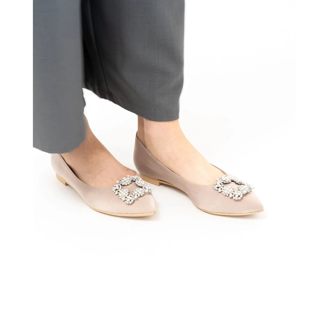 日本製 Emma Francis 平底珠寶搭扣高跟鞋(01t-ST 108)(Beige satin)(ベージュ サテン)