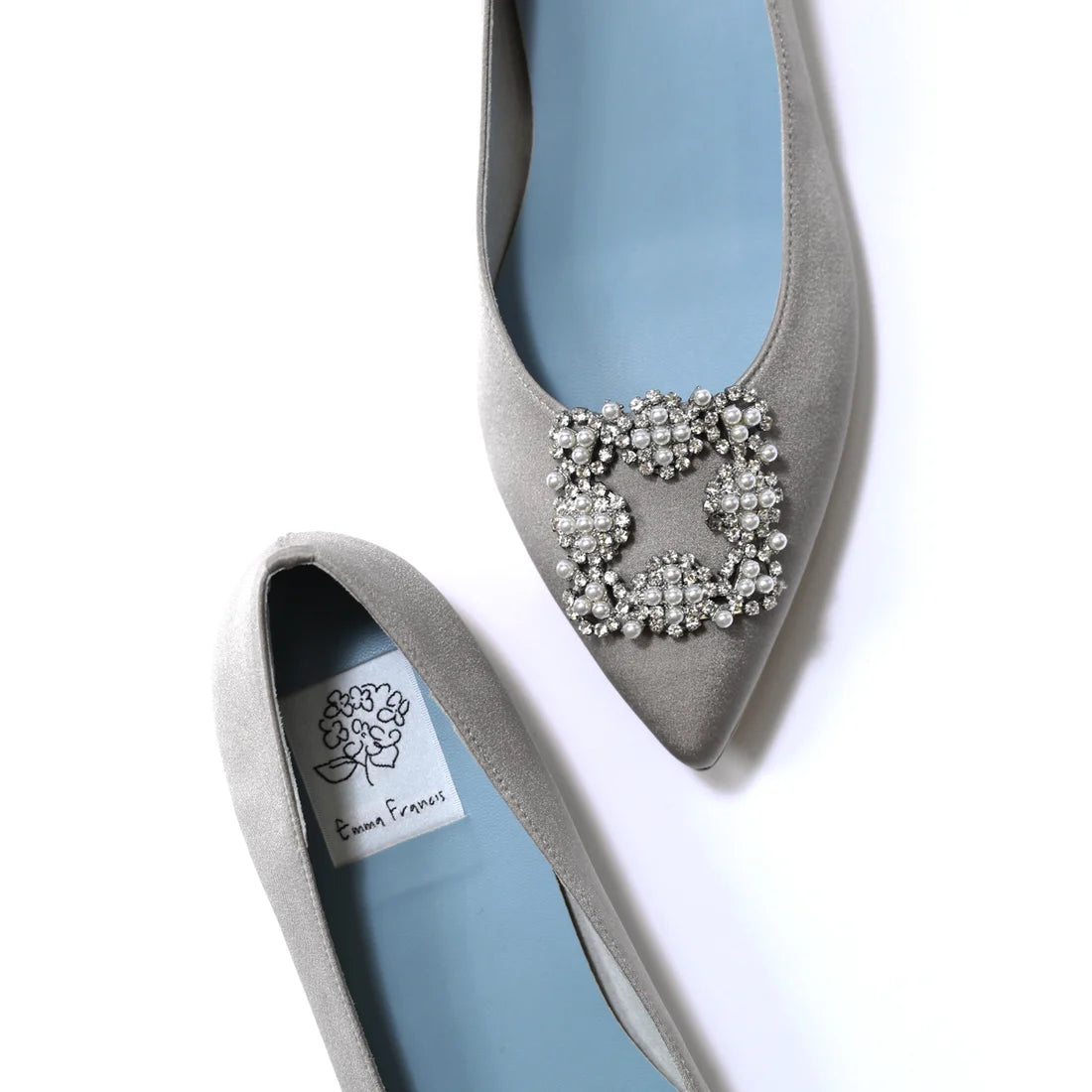 日本製 Emma Francis 平底珠寶搭扣高跟鞋(01t-ST 153)(Gray satin)(グレー サテン)