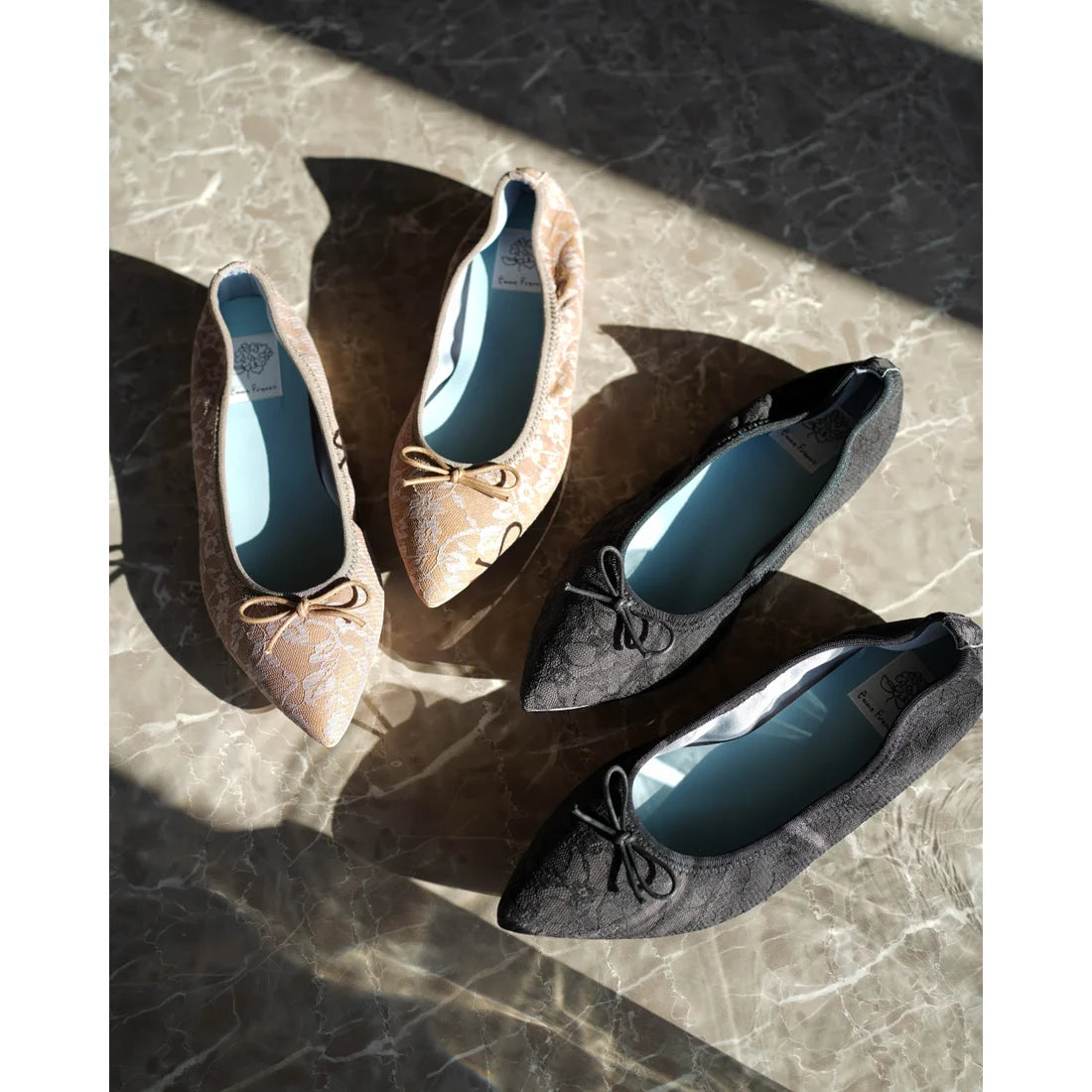 日本製【珍珠色調防水】Emma Francis尖頭平底芭蕾舞鞋(01b-L S551)(Charcoal gray lace leather suede)(チャコールグレー レース レザースエード)