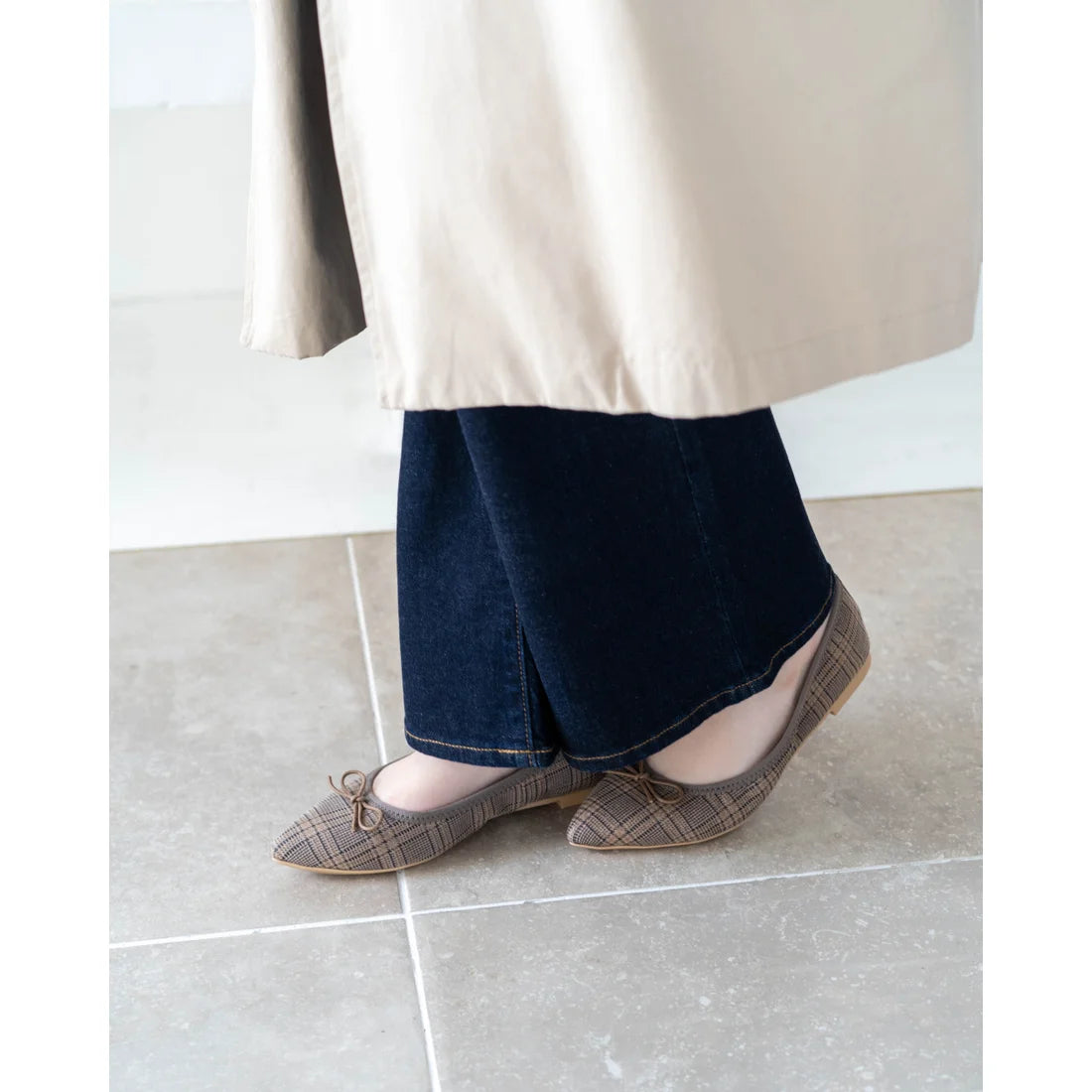 日本製【珍珠色調防水】Emma Francis尖頭平底芭蕾舞鞋(01b-L S531)(Oak check leather suede)(オーク チェック レザースエード)