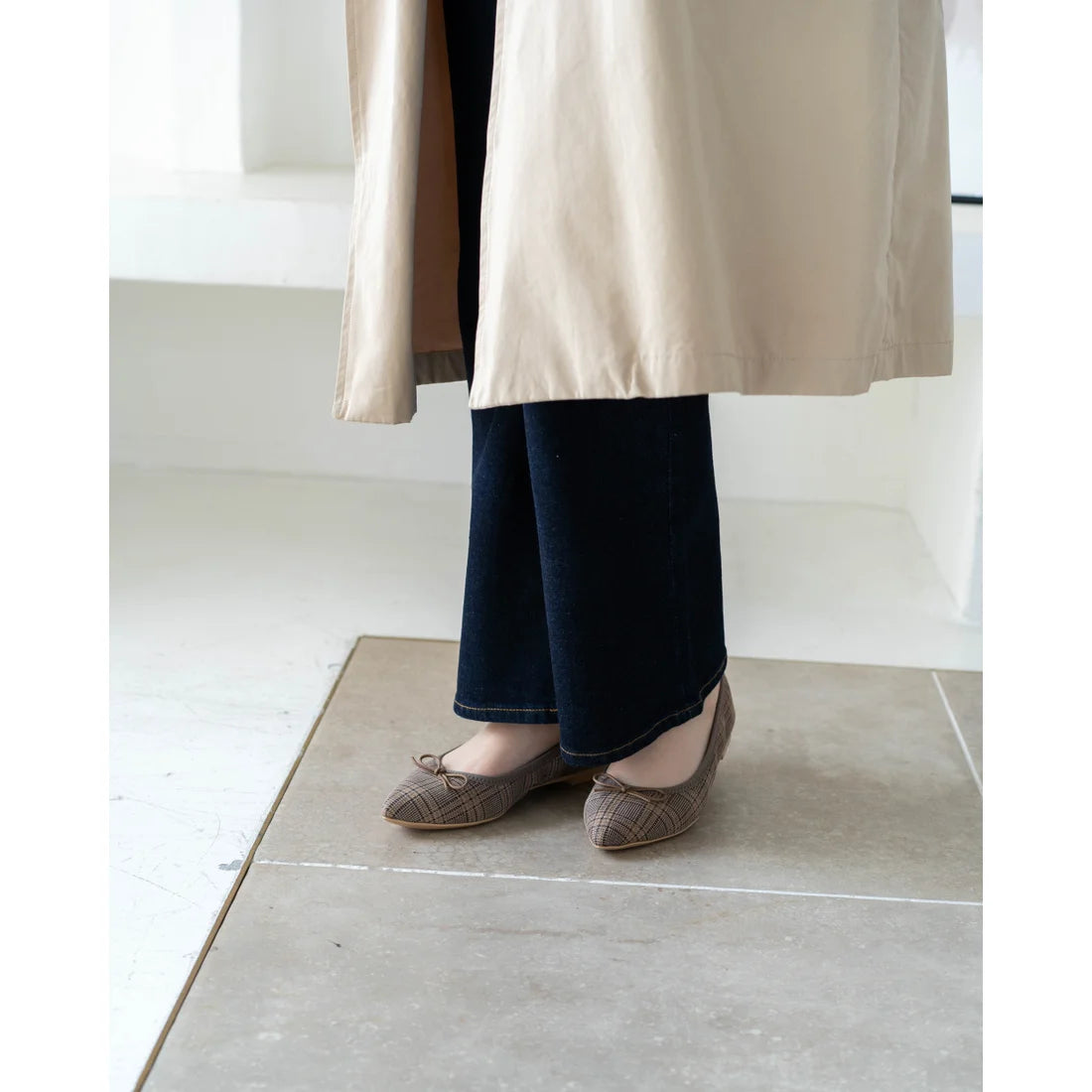 日本製【珍珠色調防水】Emma Francis尖頭平底芭蕾舞鞋(01b-L S531)(Oak check leather suede)(オーク チェック レザースエード)