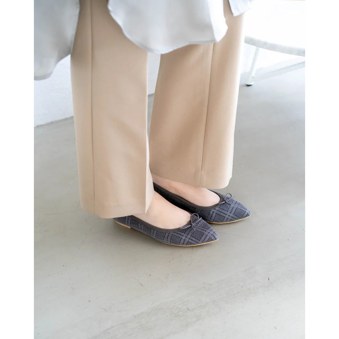 日本製【珍珠色調防水】Emma Francis尖頭平底芭蕾舞鞋(01b-L S532)(Gray checked leather suede)(グレー チェック レザースエード)
