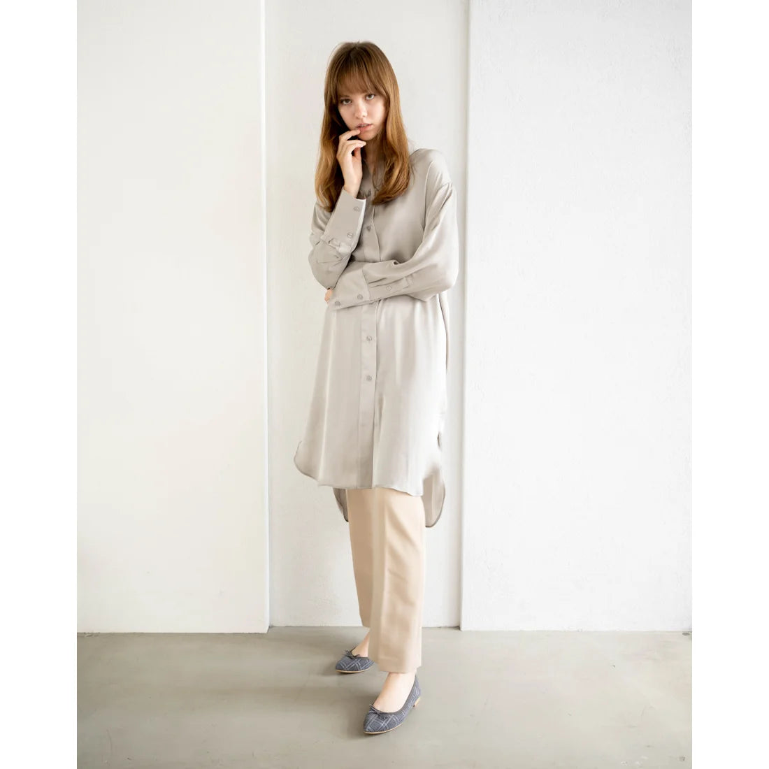 日本製【珍珠色調防水】Emma Francis尖頭平底芭蕾舞鞋(01b-L S532)(Gray checked leather suede)(グレー チェック レザースエード)