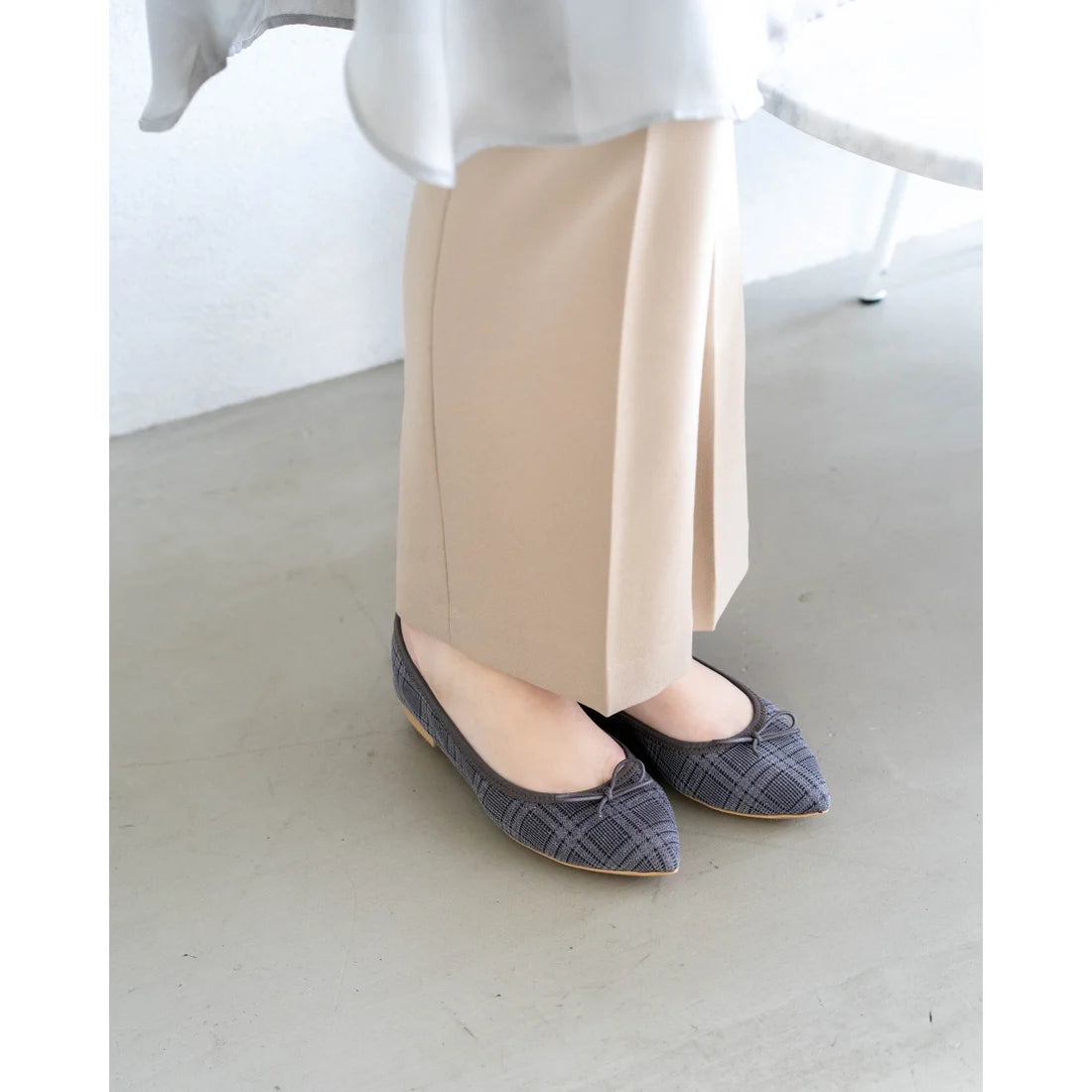 日本製【珍珠色調防水】Emma Francis尖頭平底芭蕾舞鞋(01b-L S532)(Gray checked leather suede)(グレー チェック レザースエード)