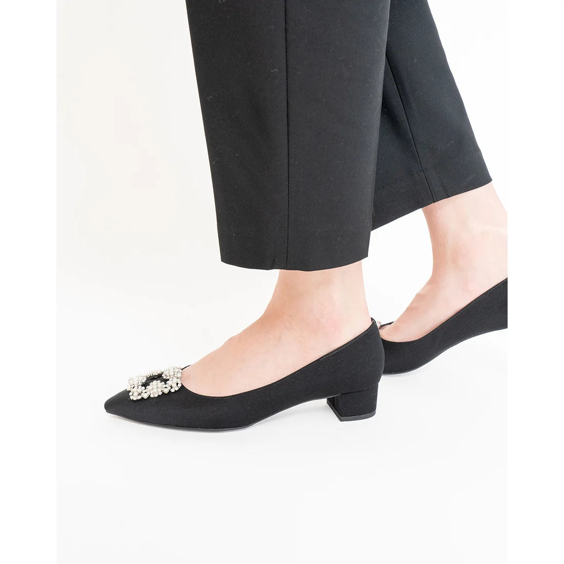 日本製 Emma Francis 尖頭3cm跟珠寶搭扣高跟鞋(3002b-ST 101)(Black satin)(ブラック サテン)
