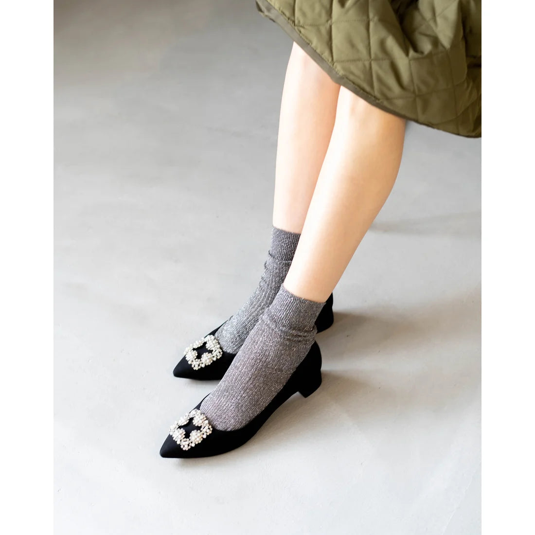 日本製 Emma Francis 尖頭3cm跟珠寶搭扣高跟鞋(3002b-ST 101)(Black satin)(ブラック サテン)