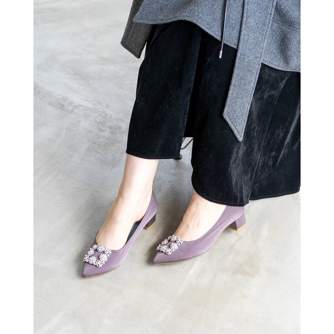 日本製 Emma Francis 尖頭3cm跟珠寶搭扣高跟鞋(3002b-ST 155)(Charcoal gray satin)(チャコールグレー サテン)