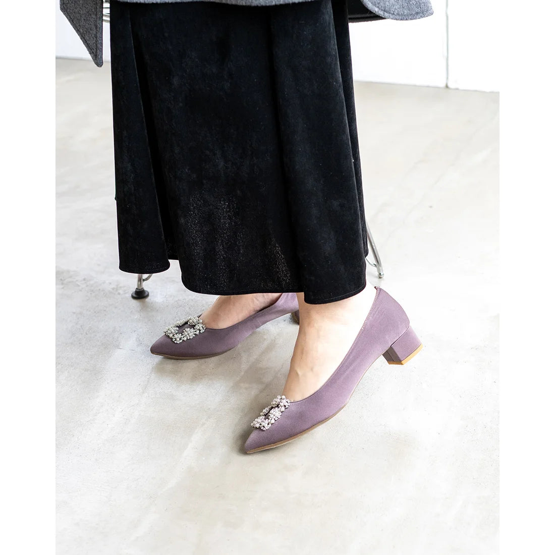 日本製 Emma Francis 尖頭3cm跟珠寶搭扣高跟鞋(3002b-ST 155)(Charcoal gray satin)(チャコールグレー サテン)