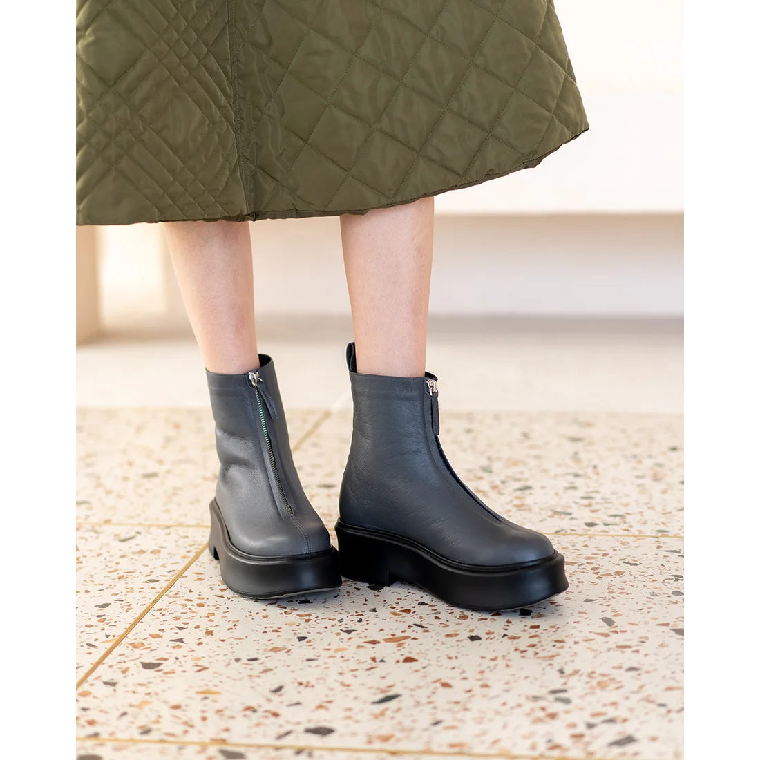 日本製【防水】Emma Francis Volume Sole厚底前拉鍊靴子 (9013a-L 153)(Gray leather)(グレー レザー)