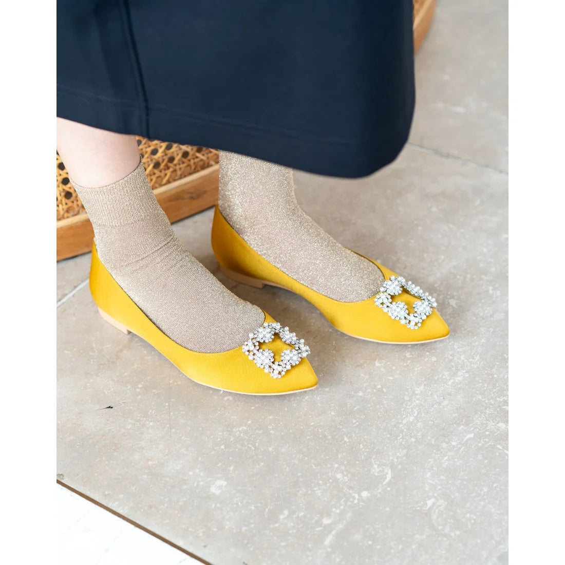 日本製預訂3星期 Emma Francis 平底珠寶搭扣高跟鞋(01t-ST 132)(Mustard satin)(マスタード サテン)