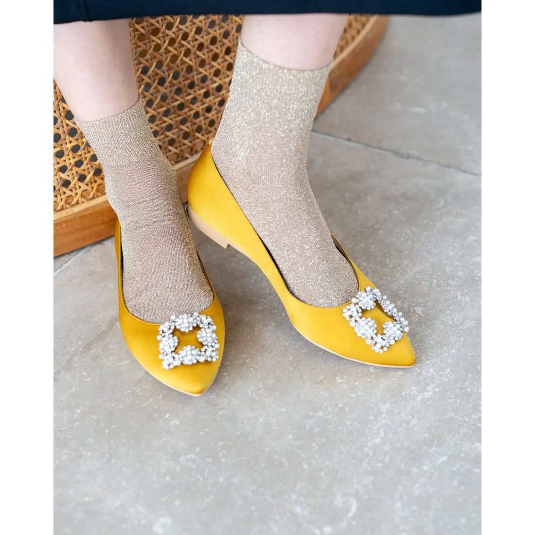日本製預訂3星期 Emma Francis 平底珠寶搭扣高跟鞋(01t-ST 132)(Mustard satin)(マスタード サテン)