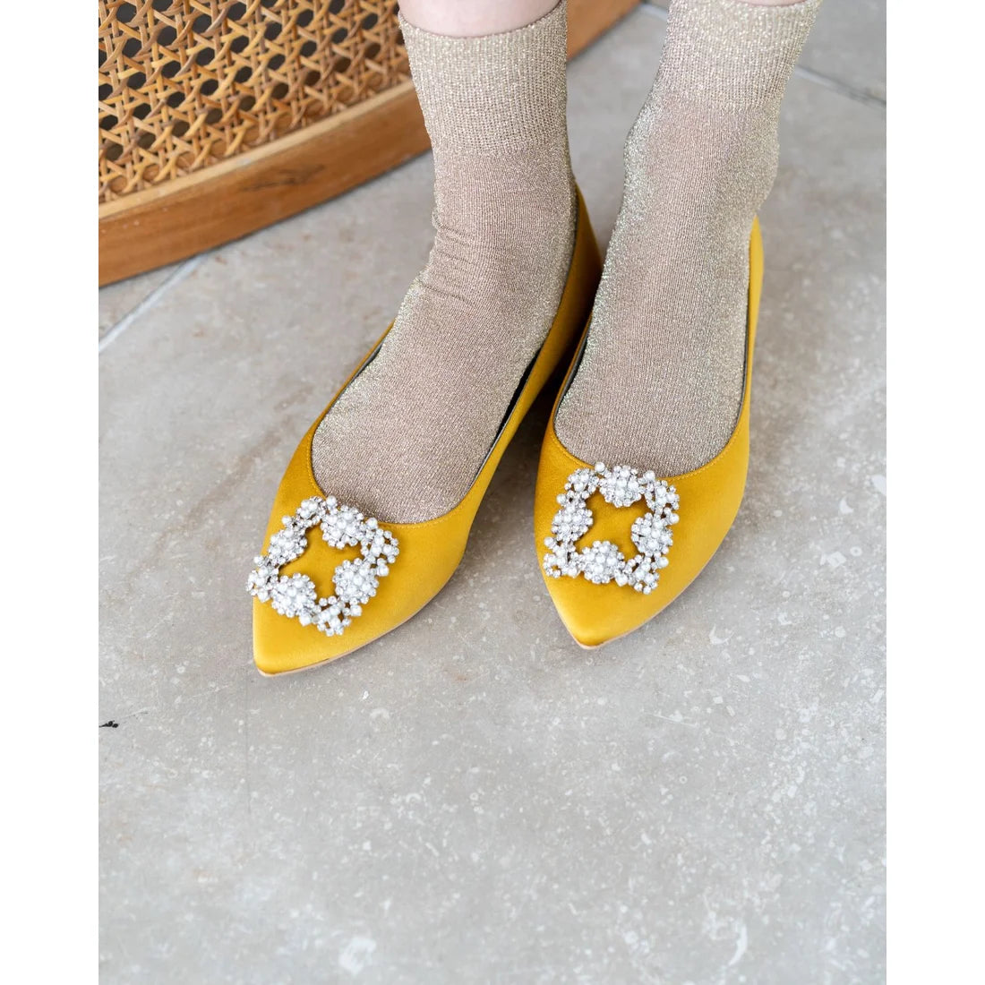 日本製預訂3星期 Emma Francis 平底珠寶搭扣高跟鞋(01t-ST 132)(Mustard satin)(マスタード サテン)