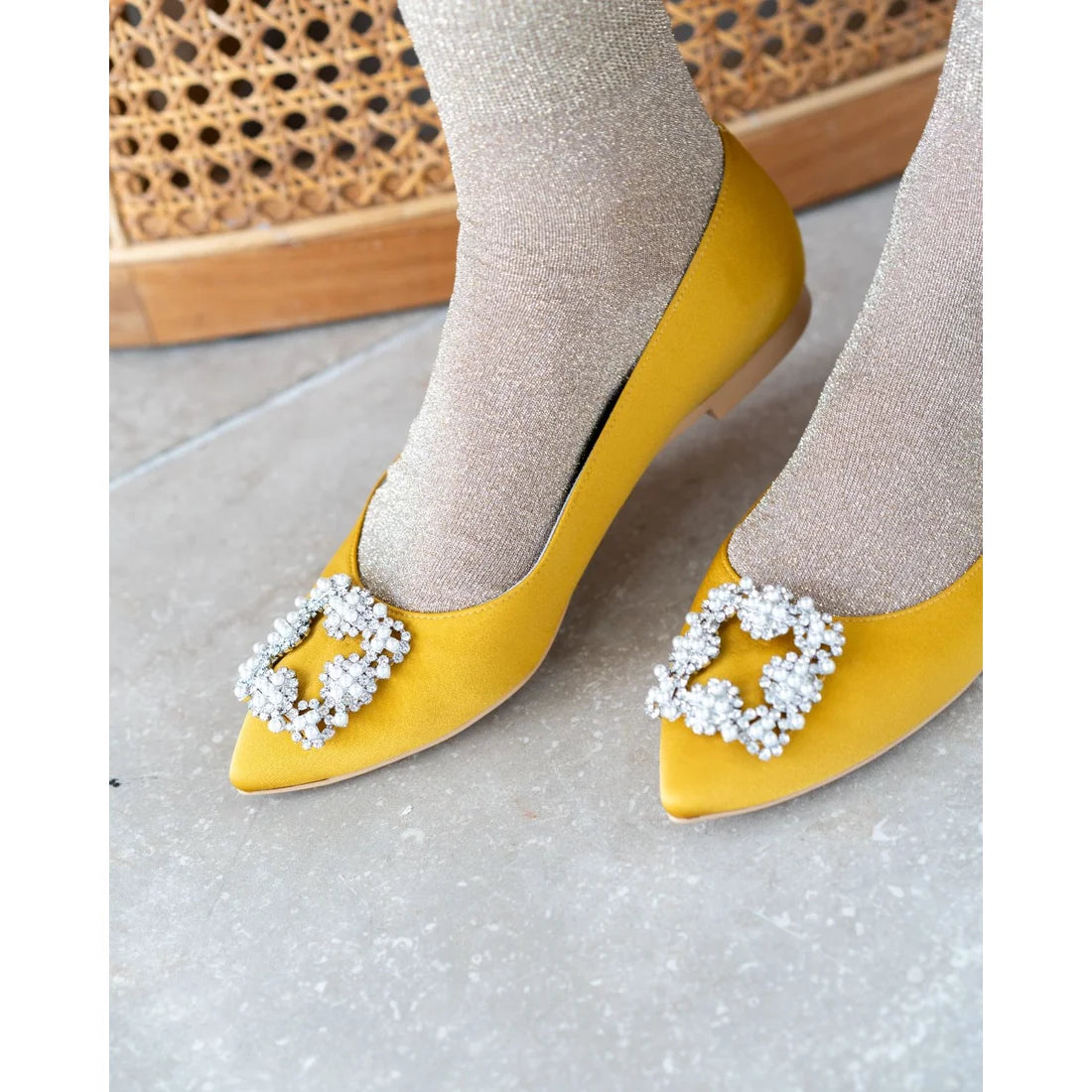 日本製預訂3星期 Emma Francis 平底珠寶搭扣高跟鞋(01t-ST 132)(Mustard satin)(マスタード サテン)