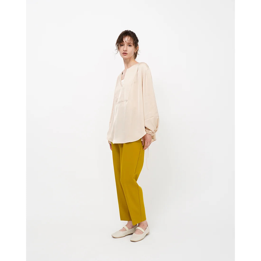 日本製預訂3星期【蘋果皮】【防水】Emma Francis 褶皺腰帶平底鞋 (03j-AP 177)(Ivory Apple Leather)(アイボリー アップルレザー)