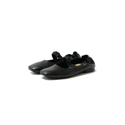 日本製【蘋果皮】【防水】Emma Francis 褶皺腰帶平底鞋 (03j-AP 101)(Black apple leather)(ブラック アップルレザー)