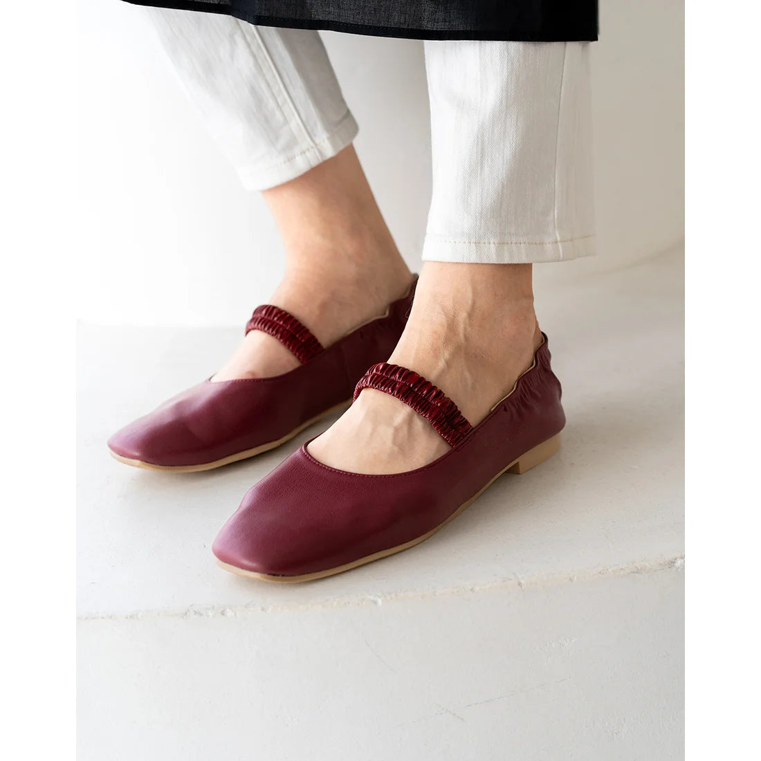 日本製【蘋果皮】【防水】Emma Francis 褶皺腰帶平底鞋 ( 03j-AP 183 )(Bordeaux apple leather)(ボルドー アップルレザー)