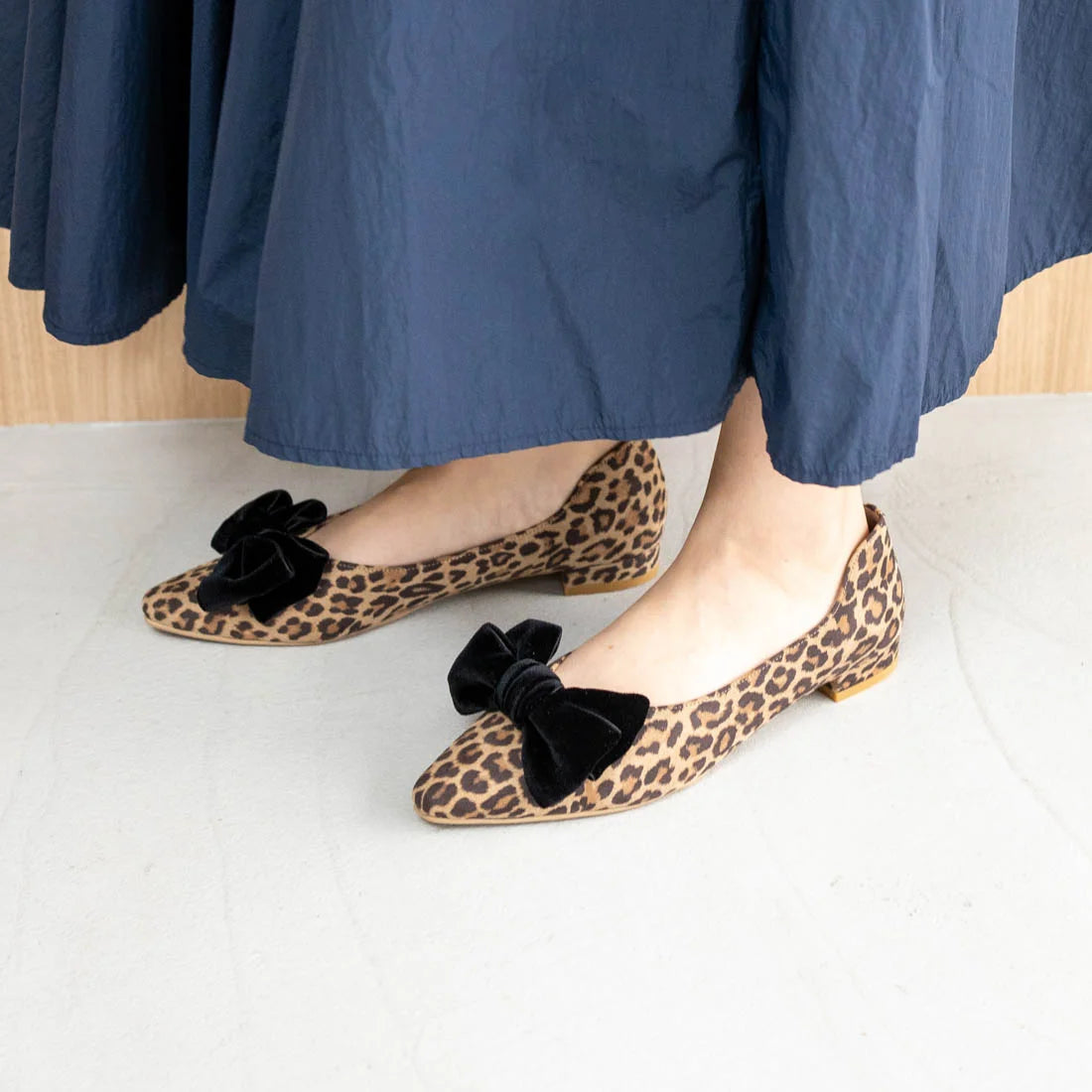 日本製 Launa Lea 絲絨蝴蝶結平底鞋 (460C)(豹紋 S / Leopard S)